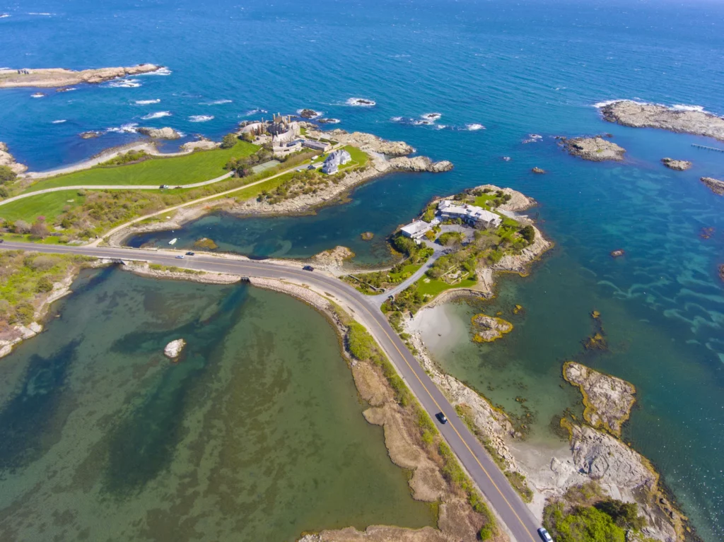 An aerial view of the Seafair mansion, owned by Jay Leno, and of Ocean Drive in Newport, RI